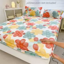 1pc Printed Fitted Sheet Thick Brushed Anti-Slip Bed Cover With Elastic Band (Without Pillowcase) - flowers - View 1
