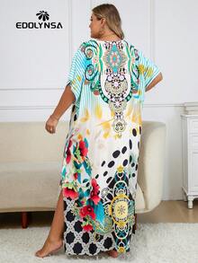 Plus Size Tropical Print Batwing Sleeve Kaftan Dress - Multicolor - View 3