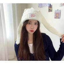 1頂可愛的兔子毛帽,帶耳標貼,黑色針織帽,冬季保暖,厚彈性鴨舌帽,長兔耳朵,女性用袖口帽 - 白色 - 查看 2