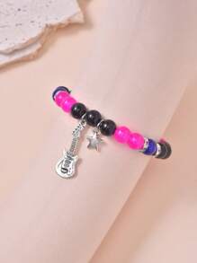 1pc Fashionable Couple Star Shaped Pendant & Beaded Bracelet, Guitar Star Pendant - Hot Pink - View 4