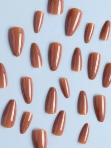 24入組橢圓形假指甲帶棕色尖端，壓貼裝貼式亞克力假甲套裝，包含1入組果凍膠和1個指甲檔，適用於女性和女孩秋冬美甲裝飾 - 棕色 - 查看 3