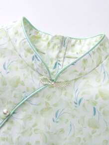 Annil Tween Bé Gái Lưới Mùa Hè Retro Họa Tiết Hoa Phong Cách Trung Hoa Sườn Xám Đầm Ngắn Tay Áo Xanh - màu xanh lá - Xem 4