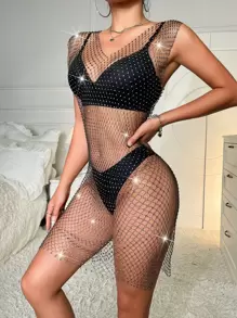 Best Selling Rhinestone Inlaid Fishnet Mesh Dress (no Bra) - Black - View 4