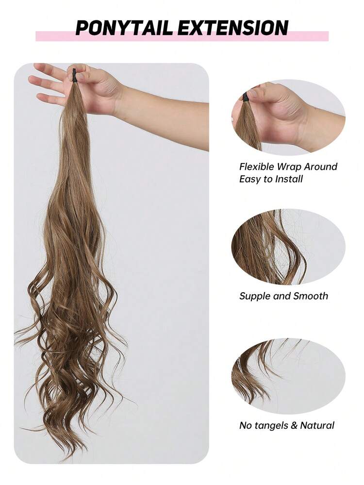Extensión de coleta flexible que se envuelve alrededor, 26 pulgadas, coleta larga y gruesa de color marrón, extensiones de cabello 100g, rizado y ondulado, extensiones de coleta de color marrón claro para uso diario de mujeres - Marrón - Añade 4