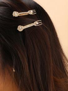 Cute Metallic Sparkle Rhinestone Decorative Hair Clip With Fork, Spoon - Gold - View 4