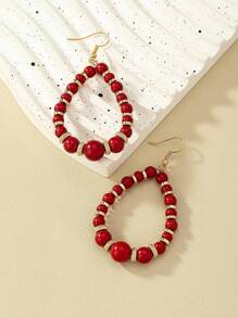 Fashionable Beaded Teardrop Dangle Earrings - Red - View 1