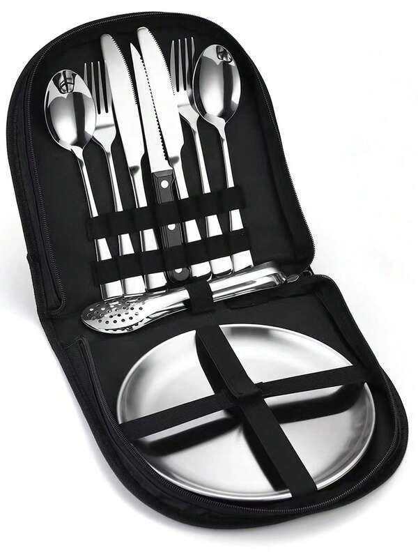 10pcs Stainless Steel Camping Cookware Set, Including Plates, Steak