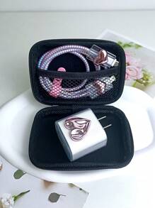 6pcs 3D Pink Heart Shaped Apple Charger Protective Covers And Cable Organizer For Charging And Data Cables
