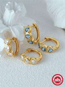 1Pair 925 Sterling Silver Hoop Earrings Heart Cartilage Earrings Cubic Zirconia Cuff Earrings 18k Gold Plated Huggie Hoop Ear Piercing Earrings for Women Daily Wear Christmas Gifts - Gold-white Diamond - View 6