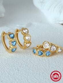 1Pair 925 Sterling Silver Hoop Earrings Heart Cartilage Earrings Cubic Zirconia Cuff Earrings 18k Gold Plated Huggie Hoop Ear Piercing Earrings for Women Daily Wear Christmas Gifts - Gold-white Diamond - View 7