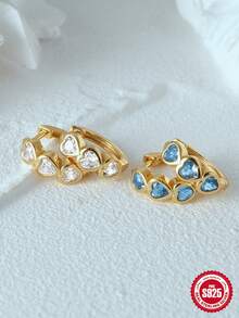 1Pair 925 Sterling Silver Hoop Earrings Heart Cartilage Earrings Cubic Zirconia Cuff Earrings 18k Gold Plated Huggie Hoop Ear Piercing Earrings for Women Daily Wear Christmas Gifts - Gold-white Diamond - View 4