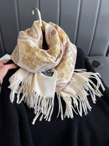 1 件女式厚刺繡圍巾仿羊絨披肩帶流蘇波西米亞風格秋冬旅行斗篷 - 米色 - 查看 2