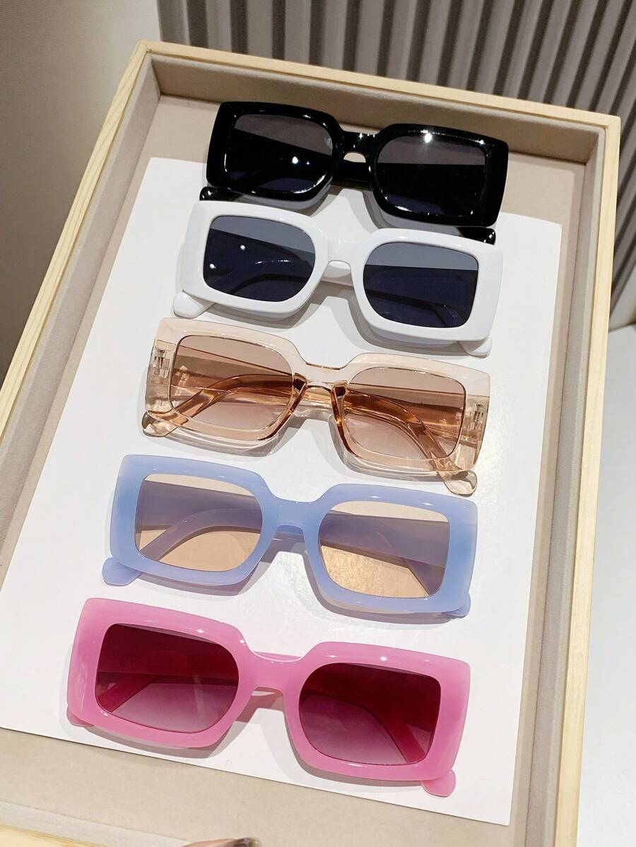 5pcs Vintage Square Thick Frame Plastic Sunglasses, Fashion Classic Sun Shades Accessory For Outdoor Travel Beach Vacation Uv Protection Sunglasses Beach Sun Glasses Beach Accessories For Women Sun Glasses Sunglasses Shades Basics And Suit For Sweater Jeans Sweatpants Hoodie Jackets Dress And Long Sleeve Shirt Fashionable Shade Elegant Outfit Family Outings Travel Vacation Holiday - 彩色 - 查看 1