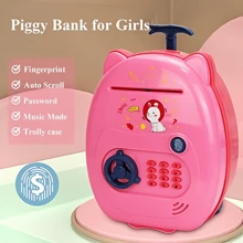手提箱造型大号存钱罐玩具，创意塑料防盗储蓄罐，带自动取钞口，移动金库，圣诞节生日礼物，指纹验证密码锁，多种音乐可选，不含3节AA电池，圣诞节生日礼物 - 粉色 - 查看 1