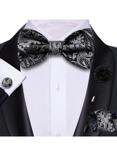 Set regalo con papillon nero e fazzoletto da taschino e gemelli da uomo