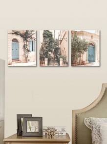 3 件套現代簡約風格帆布印花牆藝術套裝,小鎮風景元素,適合客廳和臥室,可重複使用和可拆卸 - 彩色 - 查看 5