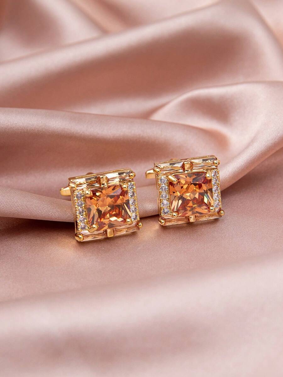 3pcs/set Men's French Style Luxury Rhinestone Set Square Crystal Shirt Cufflinks With Gift Box, Ideal For High-end Business Occasions - Gold - View 1