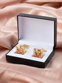 3pcs/set Men's French Style Luxury Rhinestone Set Square Crystal Shirt Cufflinks With Gift Box, Ideal For High-end Business Occasions - Gold - View 4