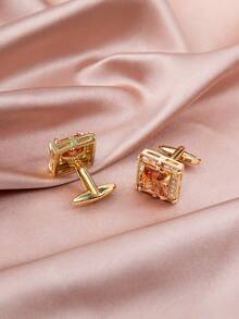 3pcs/set Men's French Style Luxury Rhinestone Set Square Crystal Shirt Cufflinks With Gift Box, Ideal For High-end Business Occasions - Gold - View 2