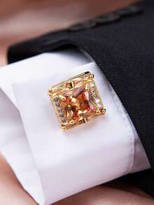 3pcs/set Men's French Style Luxury Rhinestone Set Square Crystal Shirt Cufflinks With Gift Box, Ideal For High-end Business Occasions - Gold - View 3