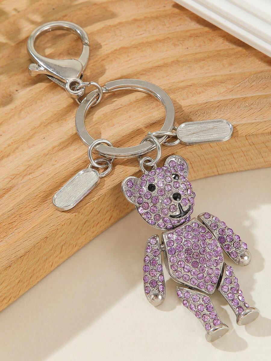 1pc Women'S Lovely Diamond-Studded Bear Shaped Keychain, Charm Gift With Full Diamond Decoration For Car Key, Friend Gift, Anniversary, Valentine'S Day - Purple - View 1