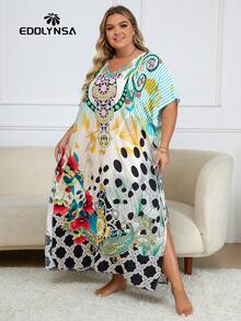 Plus Size Tropical Print Batwing Sleeve Kaftan Dress - Multicolor - View 5