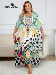 Plus Size Tropical Print Batwing Sleeve Kaftan Dress - Multicolor - View 2