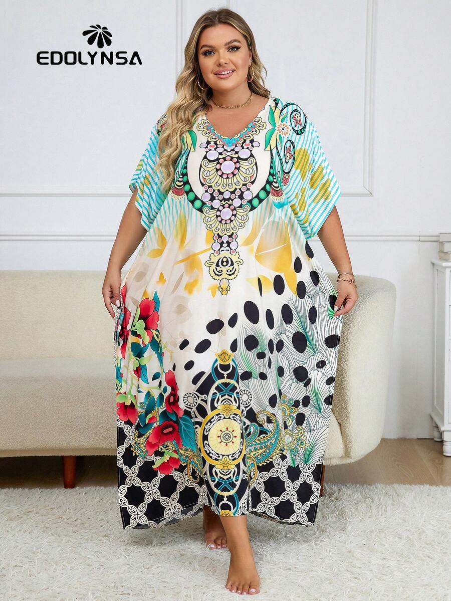 Plus Size Tropical Print Batwing Sleeve Kaftan Dress