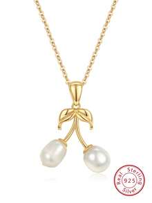 1條s925銀製天然淡水珍珠項鍊,配有金色鍍層葉子和閃閃發光的珍珠。是女士派對和生日的完美配飾 - 金黃色 - 查看 1