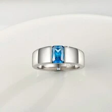 一個925純銀材質設計的淺藍色八角形5*7MM人造寶石男戒指，適合男士日常佩戴 - 銀色 - 查看 5