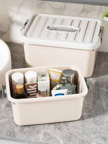 WORTHBUY 1pc Large Size/plastic Storage Box With Lid, Multifunctional And High Capacity For Sorting Snacks, Toys, Clothes In Bedroom, Dormitory - Beige - View 2