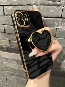 电镀心形手机壳支架，适用于 Apple iPhone 16、15、14、13、12、11、XS、XR、X、7、8 Plus、Pro Max 和三星 Galaxy S24U、S23U、S22U、A35、A55、A54 - 黑色 - 查看 1