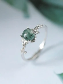 1pc Delicate Four-prong Setting Round Green Chalcedony & Leaf Shaped Silver Ring, Ideal For Engagement & Wedding Gift