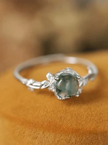 1pc Delicate Four-prong Setting Round Green Chalcedony & Leaf Shaped Silver Ring, Ideal For Engagement & Wedding Gift