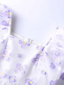 Annil 適合青少女夏季穿著的甜美方領花卉印花泡泡袖輕質網紗洋裝，紫色