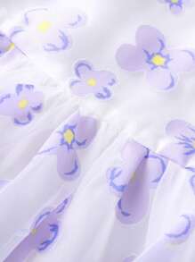 Annil 適合青少女夏季穿著的甜美方領花卉印花泡泡袖輕質網紗洋裝，紫色