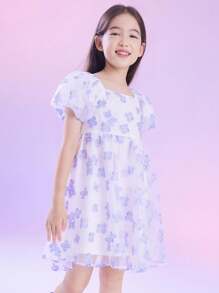 Annil 適合青少女夏季穿著的甜美方領花卉印花泡泡袖輕質網紗洋裝，紫色