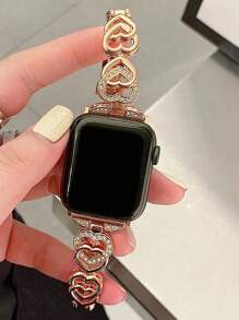 1 Pieza Pulsera de mujer con diseño de corazón y cristales en forma de manzana, correa de reloj metálica compatible con Apple Watch de 40mm, 49mm, 38mm, 45mm, 46mm, 41mm, 42mm, 44mm, accesorios exquisitos compatibles con Apple Watch Series Ultra2, SE, 10, 9, 8, 7, 6, 5, 4, 3, 2, 1, regalo de San Valentín