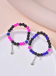1pc Fashionable Couple Star Shaped Pendant & Beaded Bracelet, Guitar Star Pendant - Hot Pink - View 1