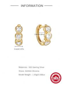 1Pair 925 Sterling Silver Hoop Earrings Heart Cartilage Earrings Cubic Zirconia Cuff Earrings 18k Gold Plated Huggie Hoop Ear Piercing Earrings for Women Daily Wear Christmas Gifts - Gold-white Diamond - View 13
