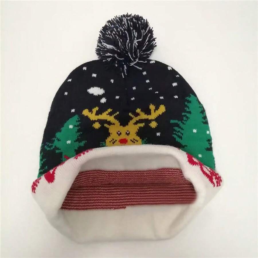 1頂男女皆可配戴的毛線帽,配有氣球裝飾和聖誕圖案,適用於聖誕節和日常使用 - 彩色 - 查看 1