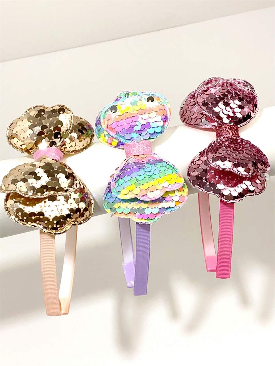 3 件裝女用亮片蝴蝶結髮帶新款雙層舞台表演拍照道具甜美髮飾韓式防滑頭帶 - 彩色 - 查看 1