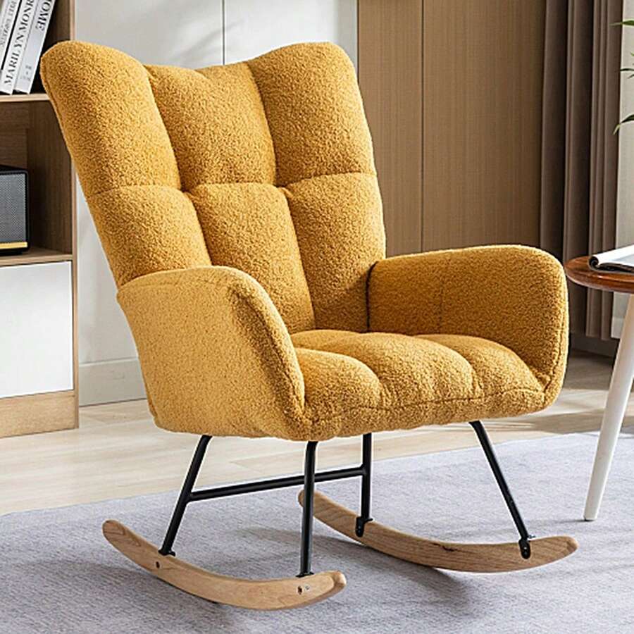 Rocking Chair, Soft Teddy Velvet Fabric Rocking Chair for Nursery, Comfy Wingback Glider Rocker with Safe Solid Wood Base for Living Room Bedroom Balcony (Turmeric) - Màu vàng - Xem 1