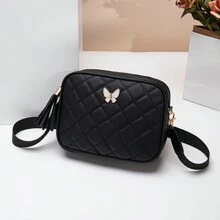 Quilted Square Crossbody Bag, Classic Metal Decor Zipper Purse, Faux Leather Shoulder Bag