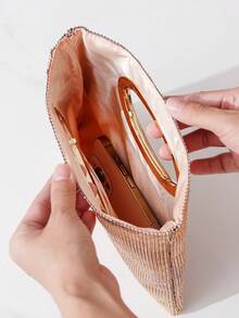 閃閃發亮的鑽石裝飾晚宴手拿包,配有方形和圓形金屬手柄,手工製作的女性時尚錢包 - 香檳色 - 查看 6