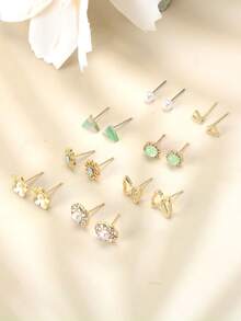 1套8對金色合金水滴形耳環,裝飾有珍珠和鑽石,適合新娘或日常穿戴 - 金色 - 查看 5