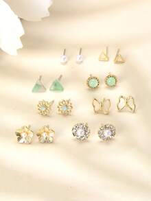 1套8對金色合金水滴形耳環,裝飾有珍珠和鑽石,適合新娘或日常穿戴 - 金色 - 查看 4