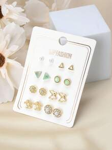 1套8對金色合金水滴形耳環,裝飾有珍珠和鑽石,適合新娘或日常穿戴 - 金色 - 查看 2