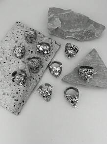 10pcs Punk Style Rings Set Including Skull, Wolf, Lion, Buddha Head Shaped Men's Rings - Antique Silver - View 5