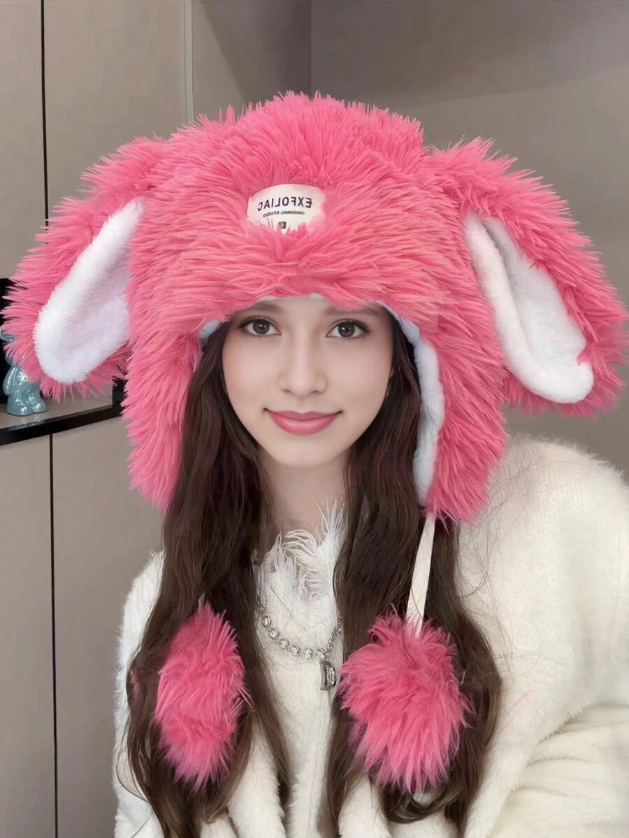 1件女士可愛長耳兔絨毛耳套圍巾帽,適用於約會、派對和日常穿著來保暖 - 玫紅色 - 查看 1